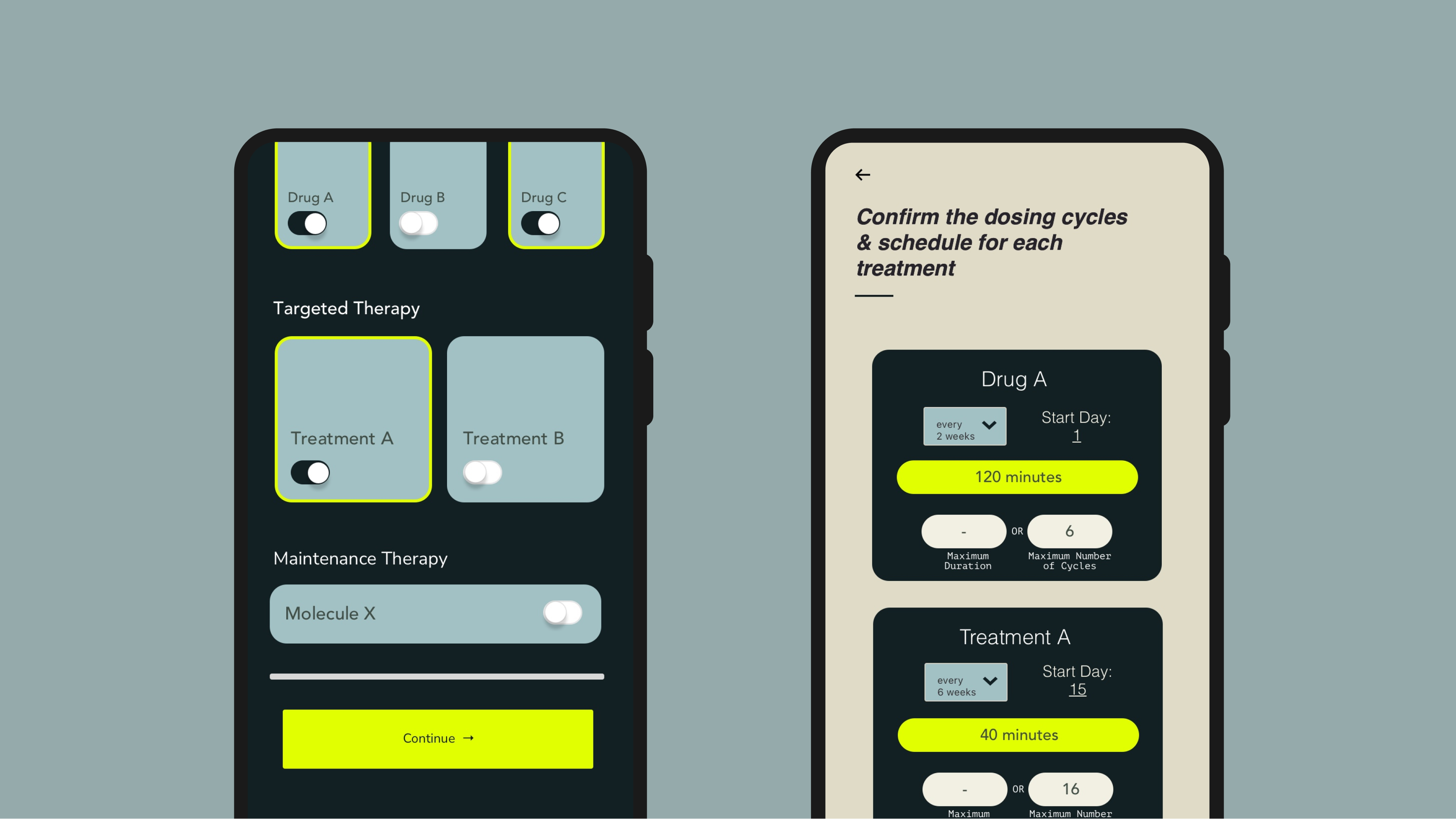 Two mobile devices showing the Protocol Visualizer interface with Drug, treatment and molecule selection (left) as well as Dosing cycles and schedules (right).